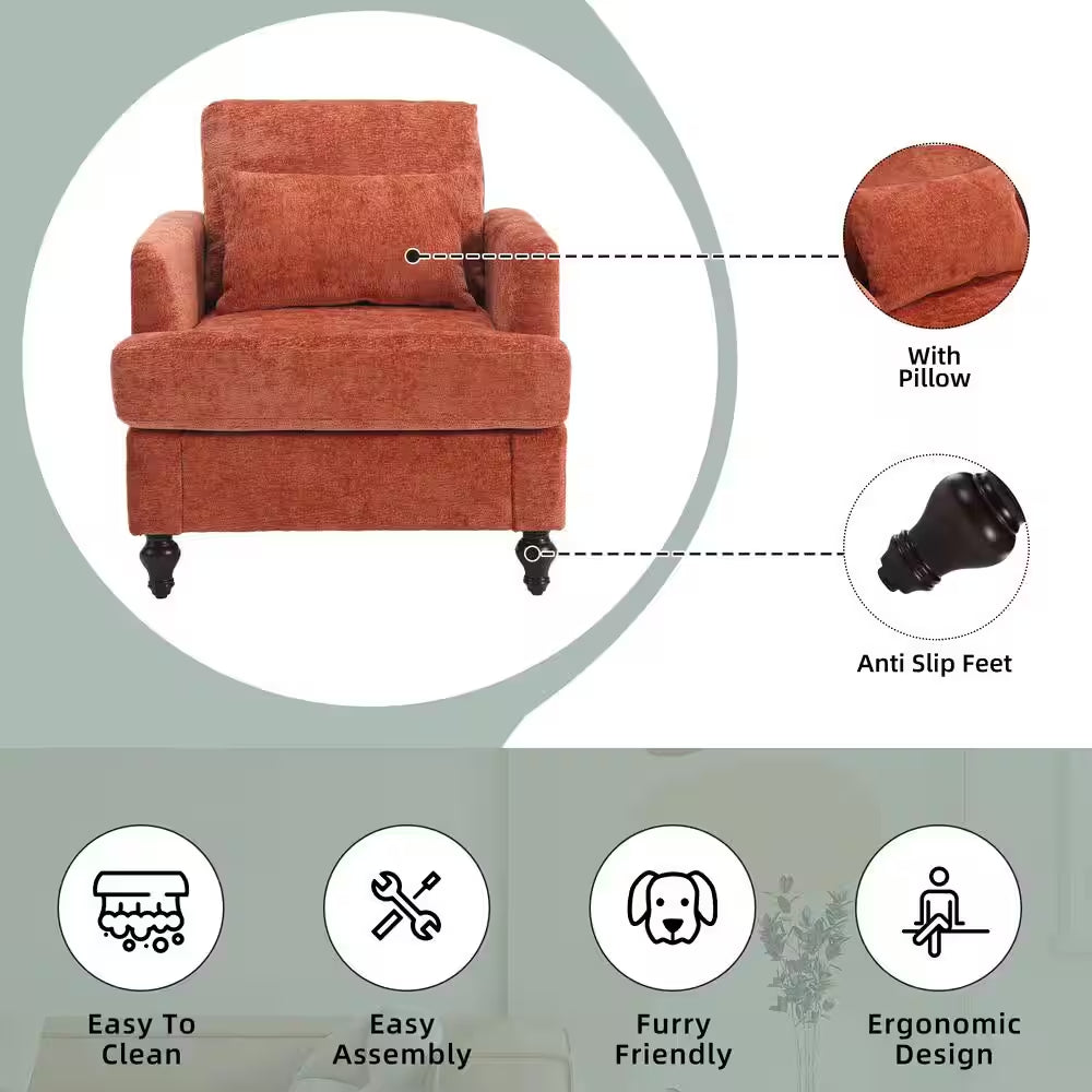 Modern Oversized Orange Chenille Wood Frame Upholstered Accent Armchair