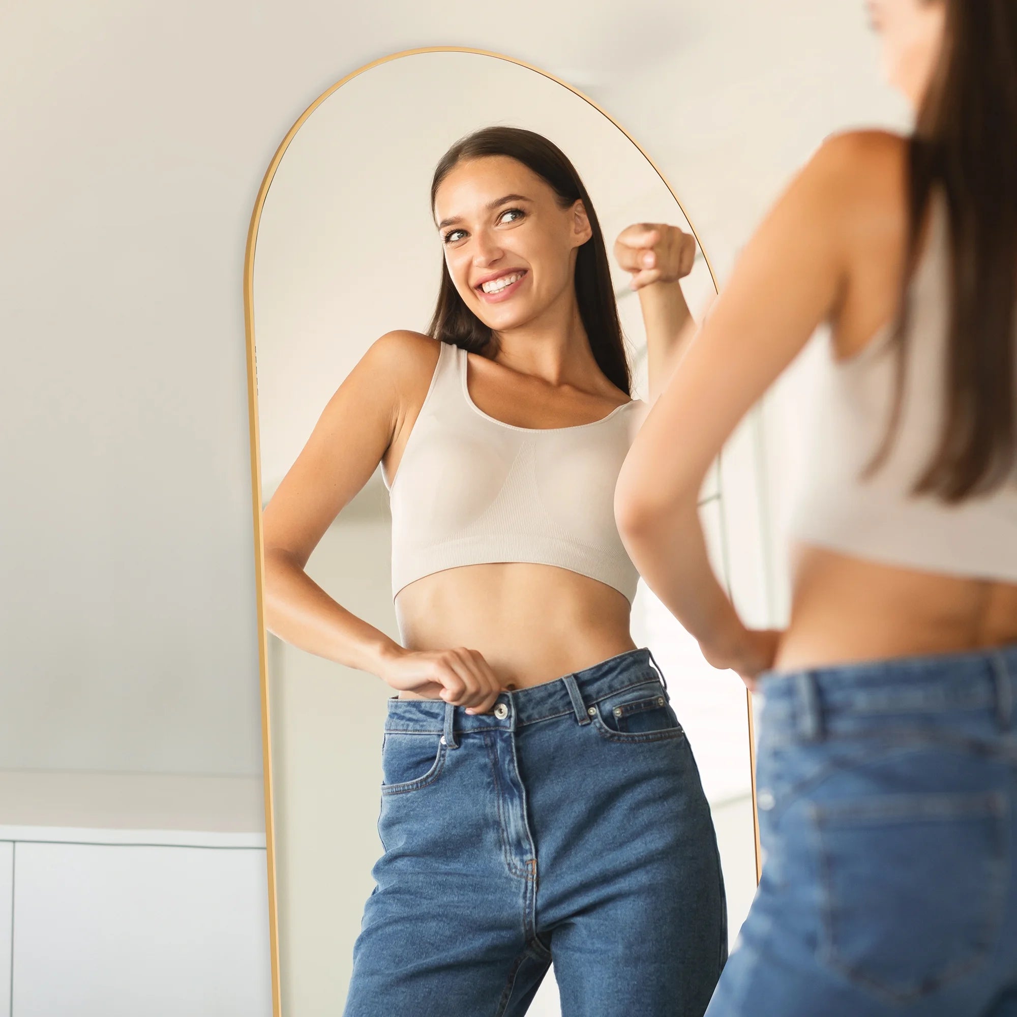 64"X21" Arched Full Length Mirror, Full Body Standing Mirror Floor Mirrors, Gold