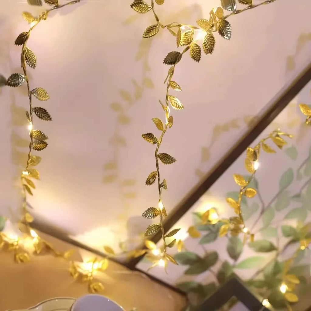 1PC 2M 20LED Golden Tiny Leaves Fairy Light Battery Powerd Led Copper Wire String Lights for Wedding Home Party DIY Xmas Decor