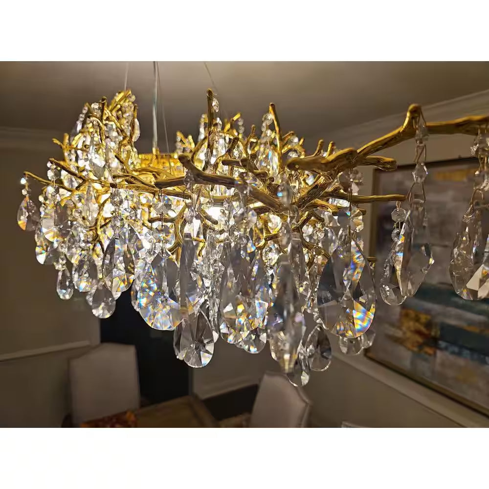 14-Lights Gold Luxury Crystal Linear Chandelier, Modern Tree Branch Chandelier for Dinning Room, Kitchen, Living Room