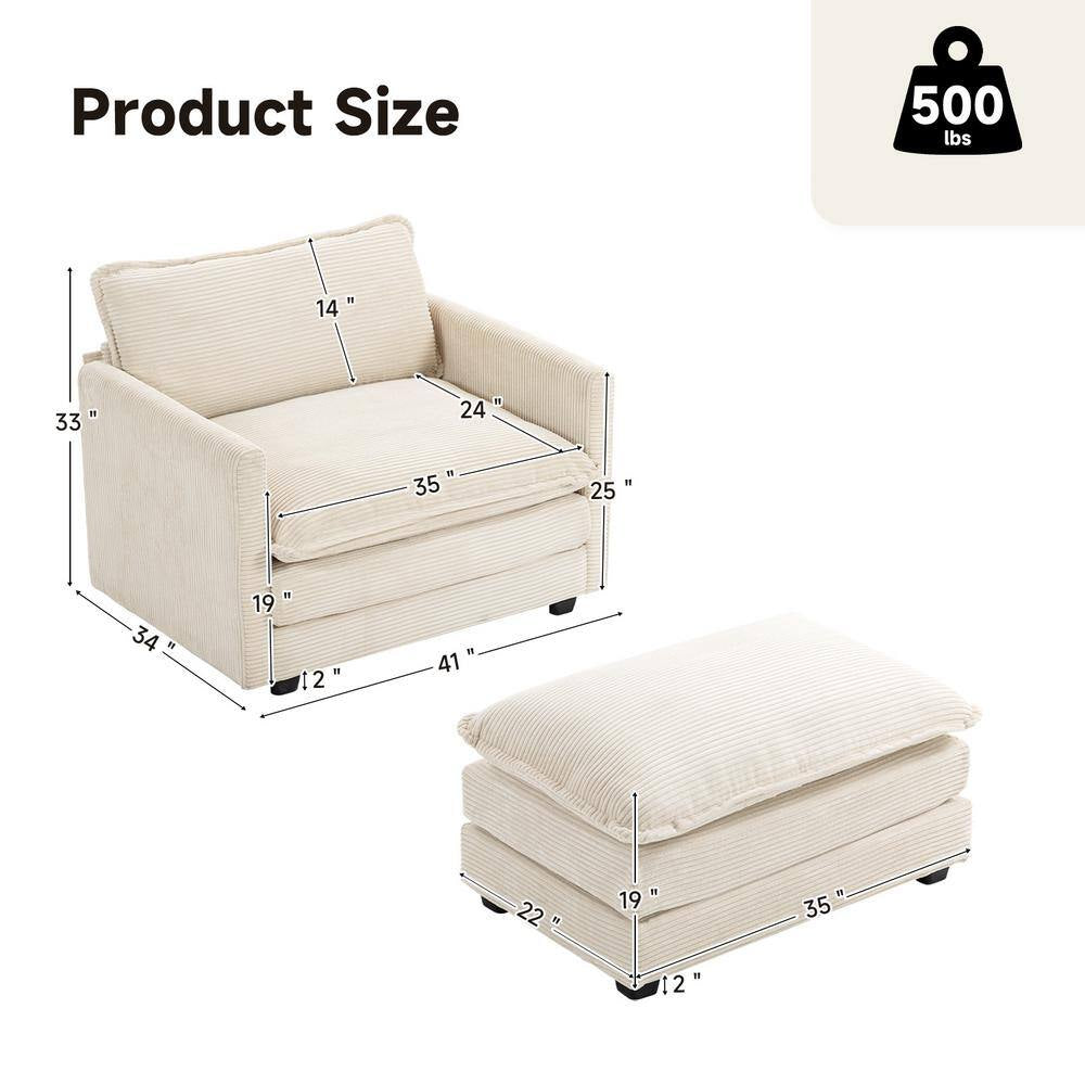 Modern Beige Corduroy Accent Armchair with Ottoman for Living