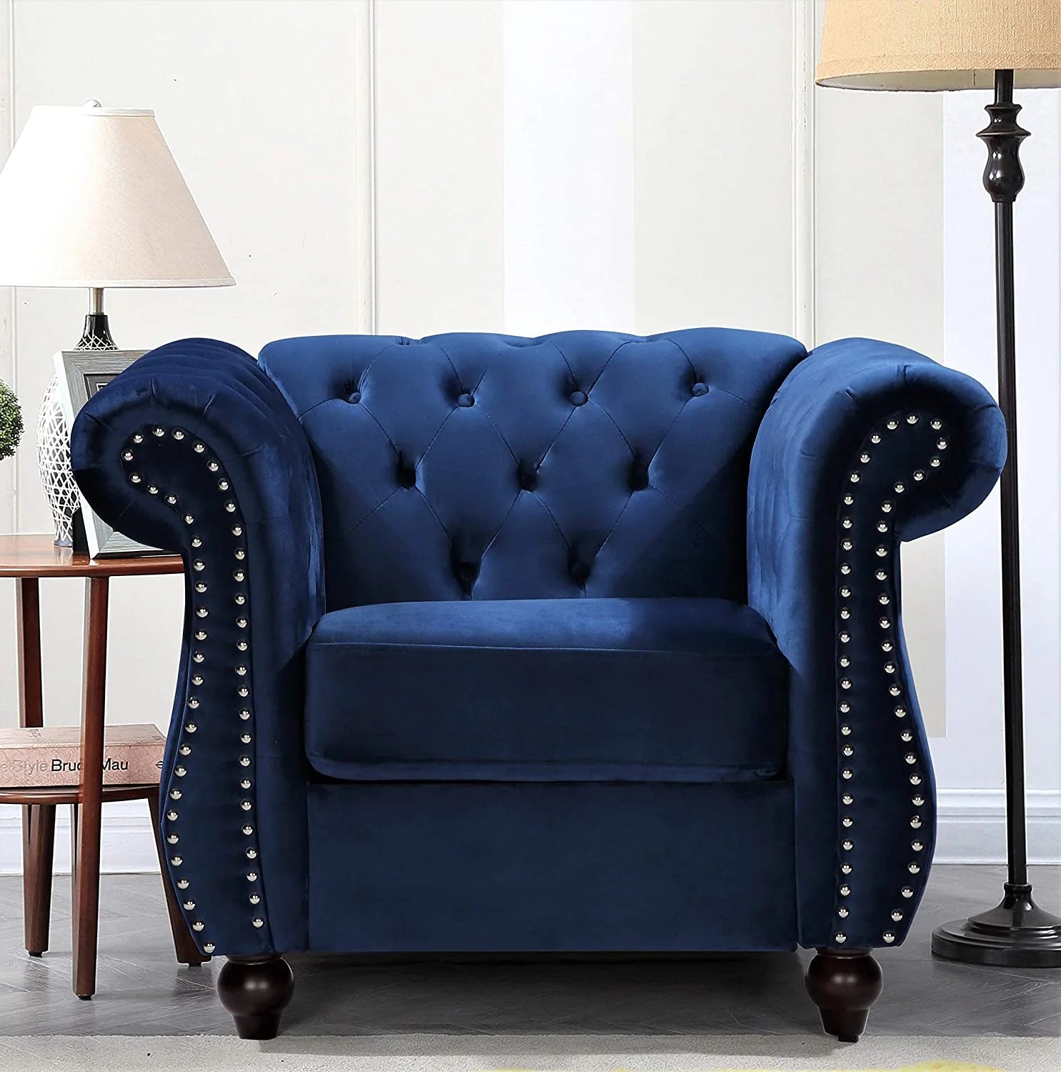 Chester 40.55 In. Wide Rolled Arm Velvet Modern Straight Living Room Chair, Dark Blue