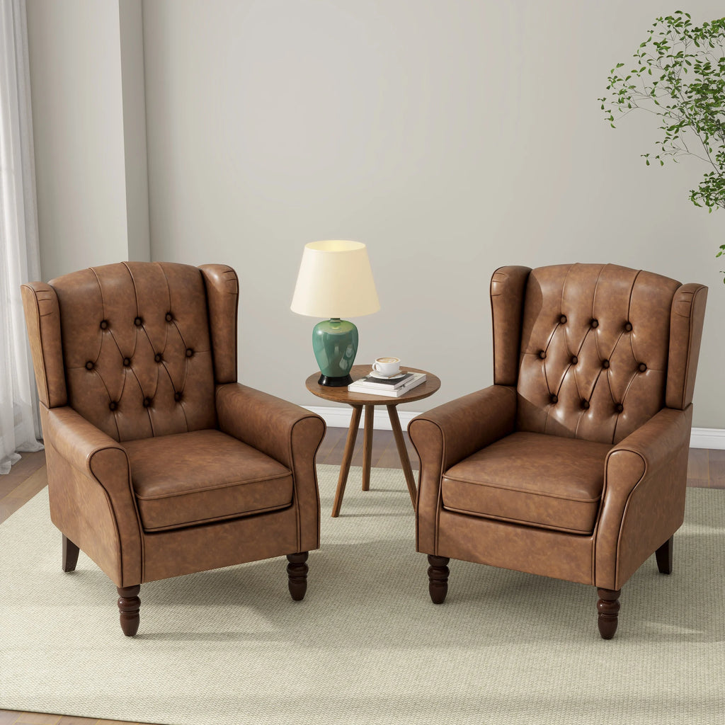 Wingback Accent Chair Set of 2, PU Leather Upholstered Armchair for Living Room Arm Chair, Brown