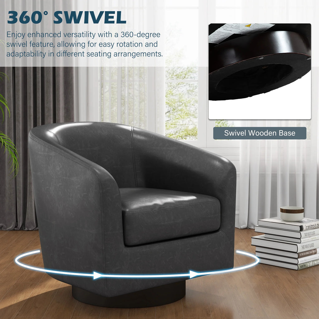 PU Leather Swivel Accent Chairs, Modern Upholstered Barrel Club Chair for Living Room, round Armchair Single Sofa, Black