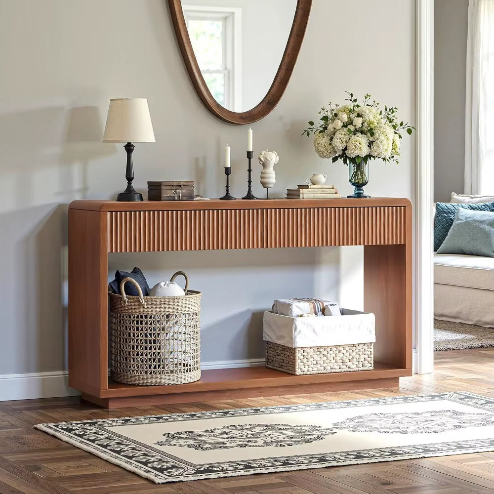 59'' Walnut Entryway Table with Drawers, Fluted Console Table, Mid Century Modern Sofa Table with Storage