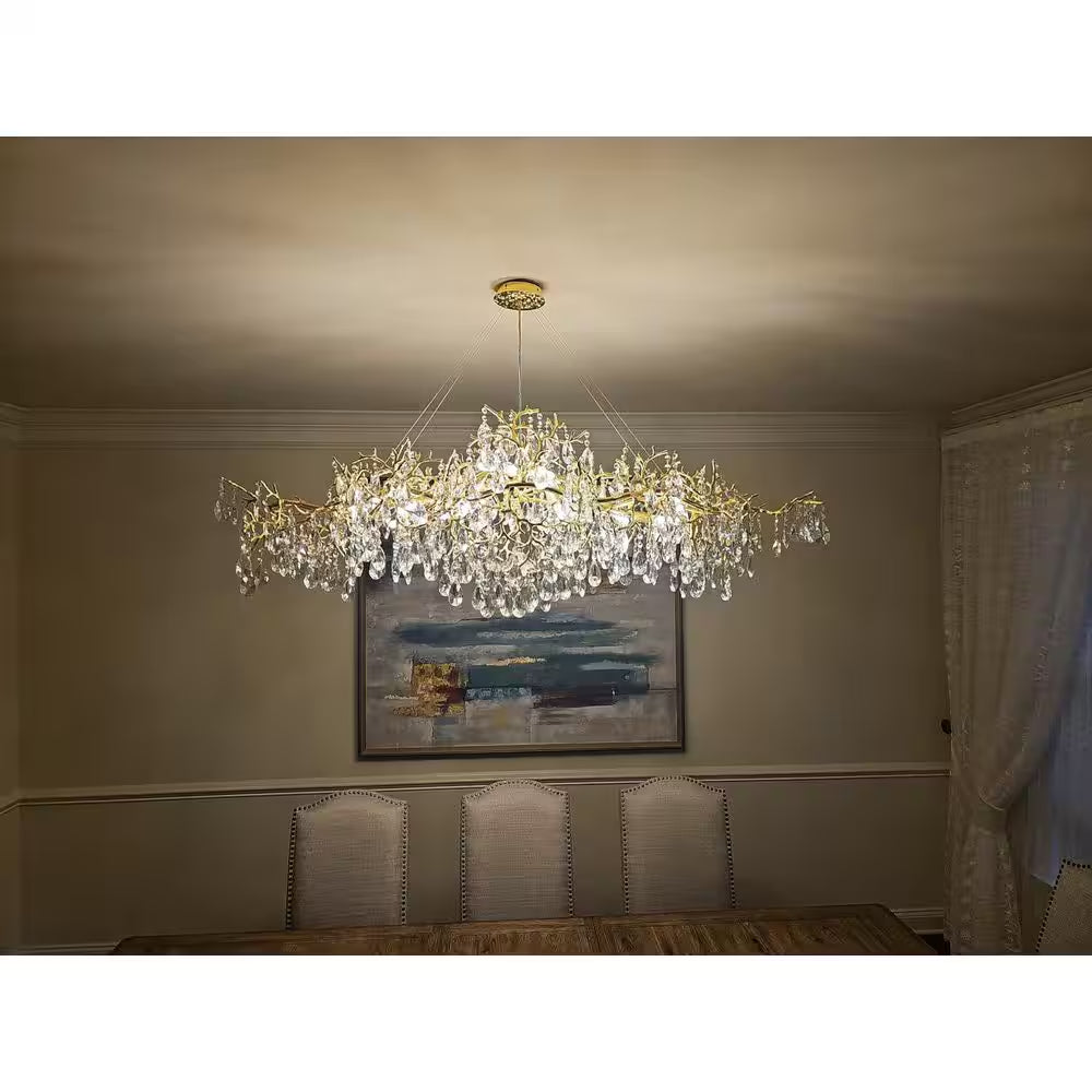 14-Lights Gold Luxury Crystal Linear Chandelier, Modern Tree Branch Chandelier for Dinning Room, Kitchen, Living Room