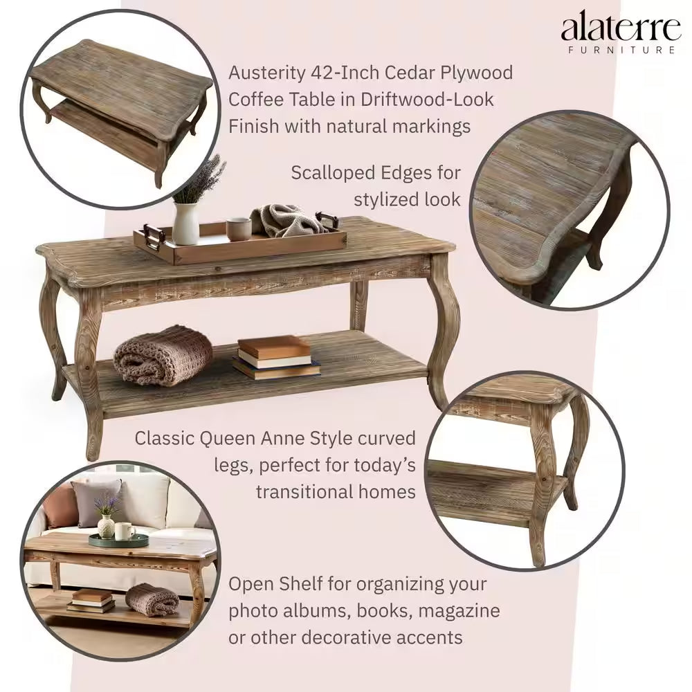 Rustic 42 In. Rectangle Wood Coffee Table with Open Shelf and Curved Legs, Driftwood Finish Farmhouse Furniture