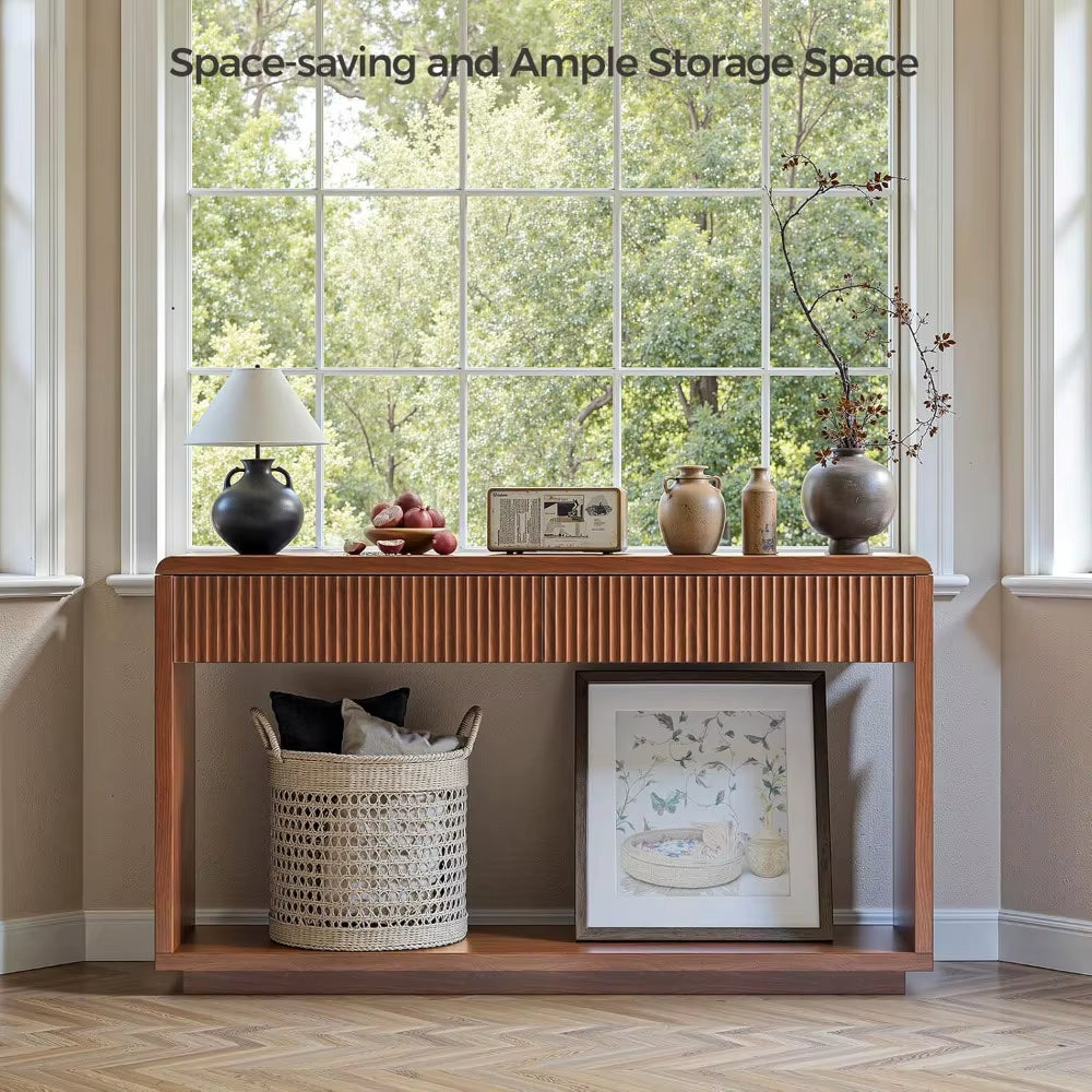 59'' Walnut Entryway Table with Drawers, Fluted Console Table, Mid Century Modern Sofa Table with Storage