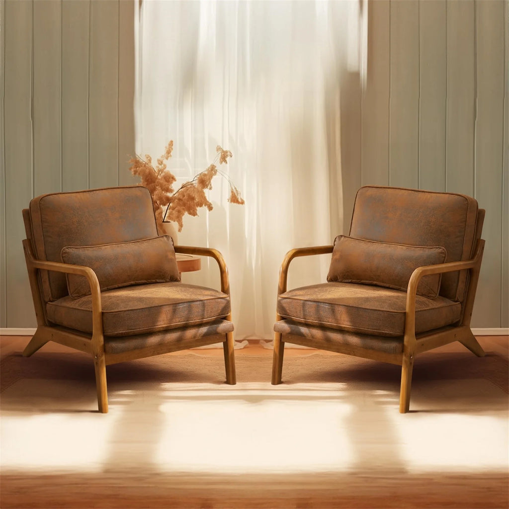 Mid Century Modern Accent Chair W/ Lumbar Pillow for Living Room, Wood Frame, Leather, Brown