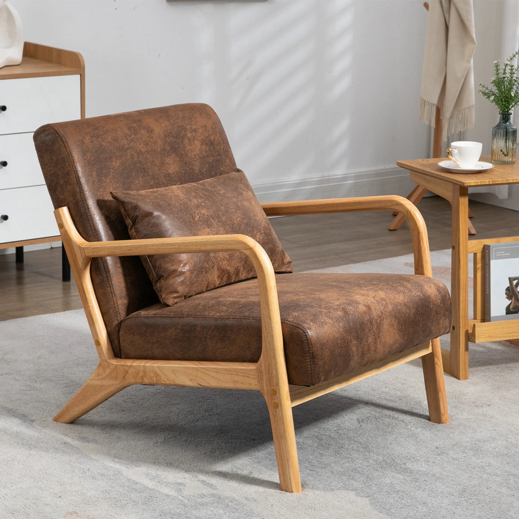 Mid Century Modern Accent Chair W/ Lumbar Pillow for Living Room, Wood Frame, Leather, Brown