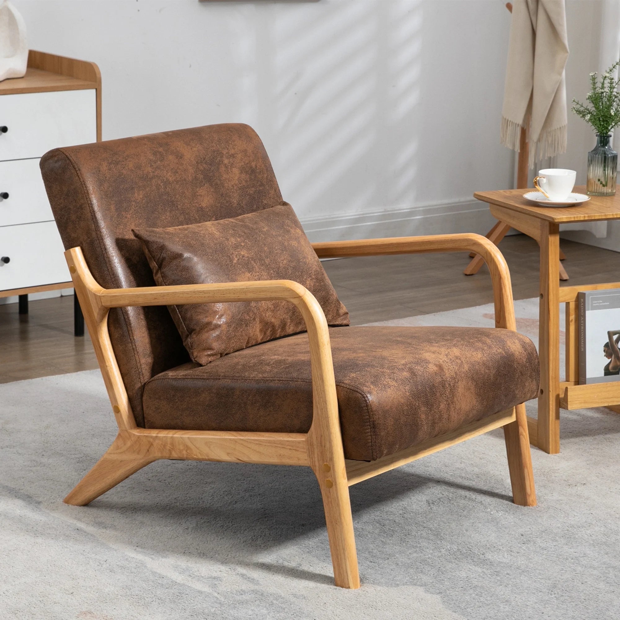 Mid Century Modern Accent Chair W/ Lumbar Pillow for Living Room, Wood Frame, Leather, Brown