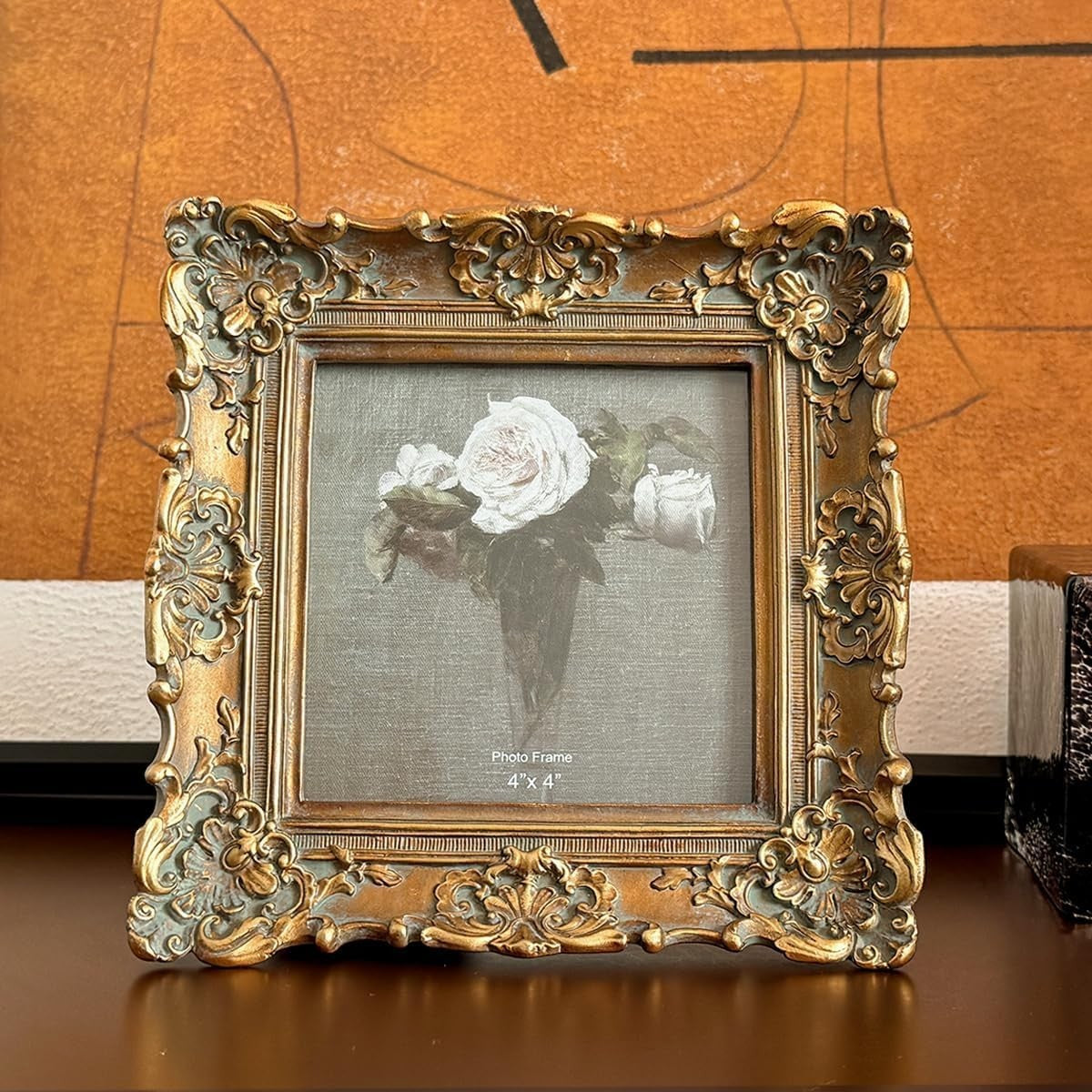 4X4 Vintage Small Picture Frame, Antique Ornate Bronze Gold Square Frame