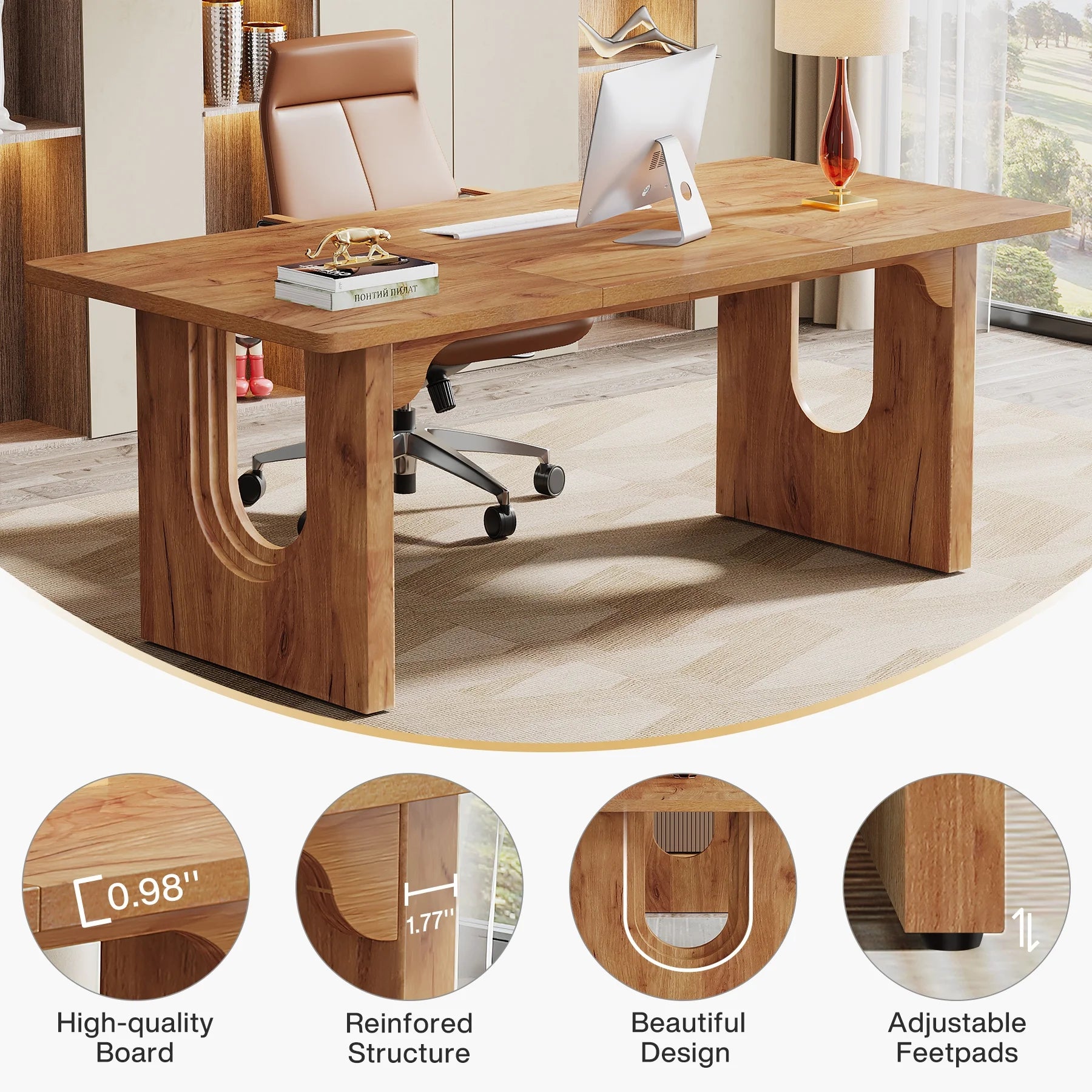 Modern Executive Desk, 70.9" Large Office Computer Desk, Conference Table Meeting Room Table, Simple Workstation Business Furniture for Home Office, Rustic Brown