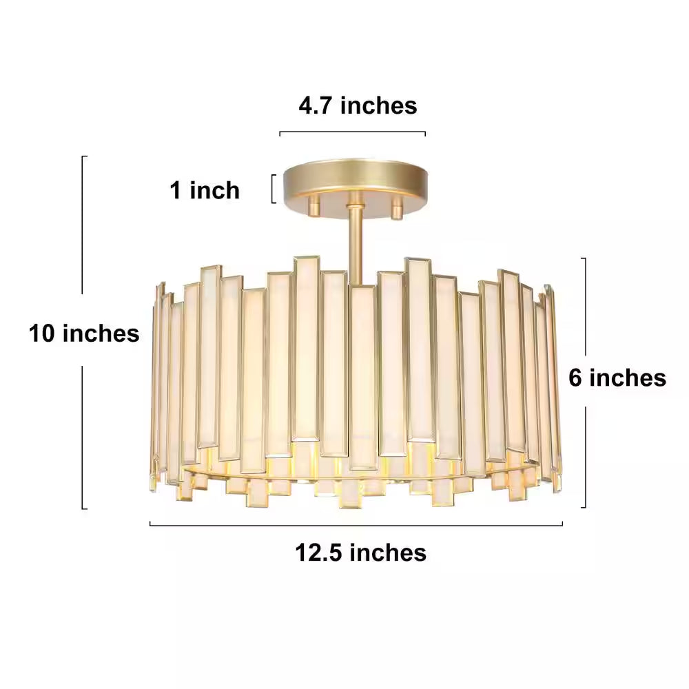 Modern 12.5 In. 3-Light Gold Drum Semi-Flush Mount with White Stained Glass Shade, LED Compatible