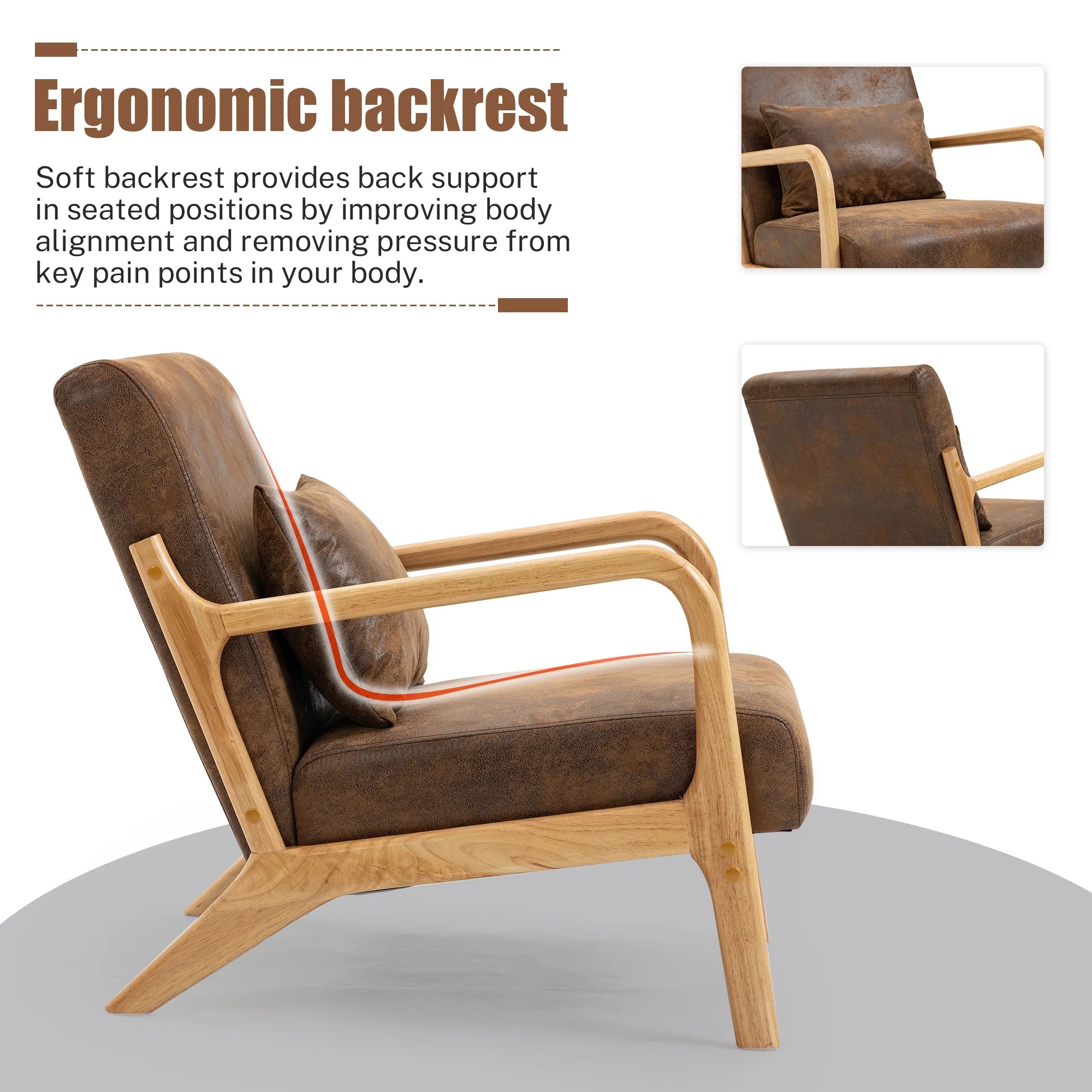 Mid-Century Modern Accent Chair, PU Leather Arm Chair with Wood Frame and Pillow, Upholstered Armchair Comfort Reading Chair Lounge Chair for Living Room Bedroom Sunroom, Brown
