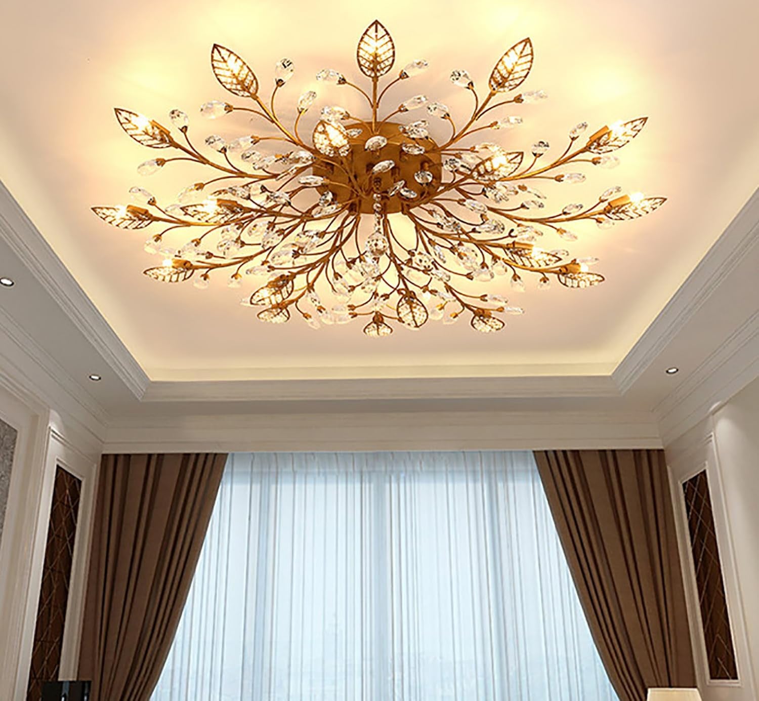 Elegant Gold Crystal Leaf Ceiling Light Fixture - 15-Light Chandelier