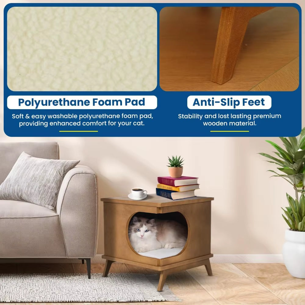 Wooden Cat Bed End Table – 15.7"X15.3"X15.7" Modern Cat Furniture for Bedroom & Living Room – Nightstand Pet House with Removabl