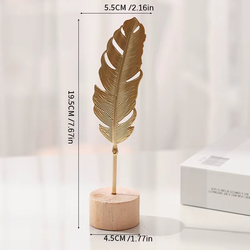 Golden Ginkgo Leaf Feather Metal Model Statue - Desktop Craft Ornament Photo Prop Home Decor Manual Sculpture Home Decoration