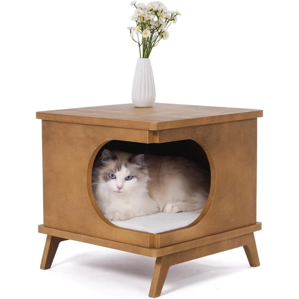 Wooden Cat Bed End Table – 15.7"X15.3"X15.7" Modern Cat Furniture for Bedroom & Living Room – Nightstand Pet House with Removabl