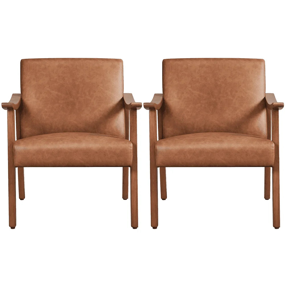 2Pcs Mid-Century Upholstered Faux Leather Armchair with Solid Wood Legs, Light Brown