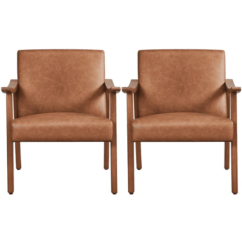 2Pcs Mid-Century Upholstered Faux Leather Armchair with Solid Wood Legs, Light Brown