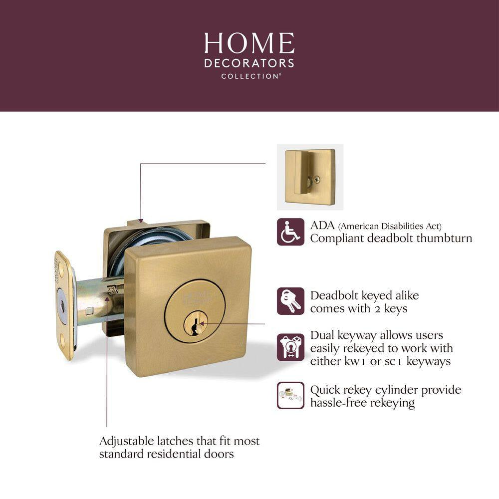 Square Brushed Gold Single Cylinder Deadbolt Featuring Dual Keyway