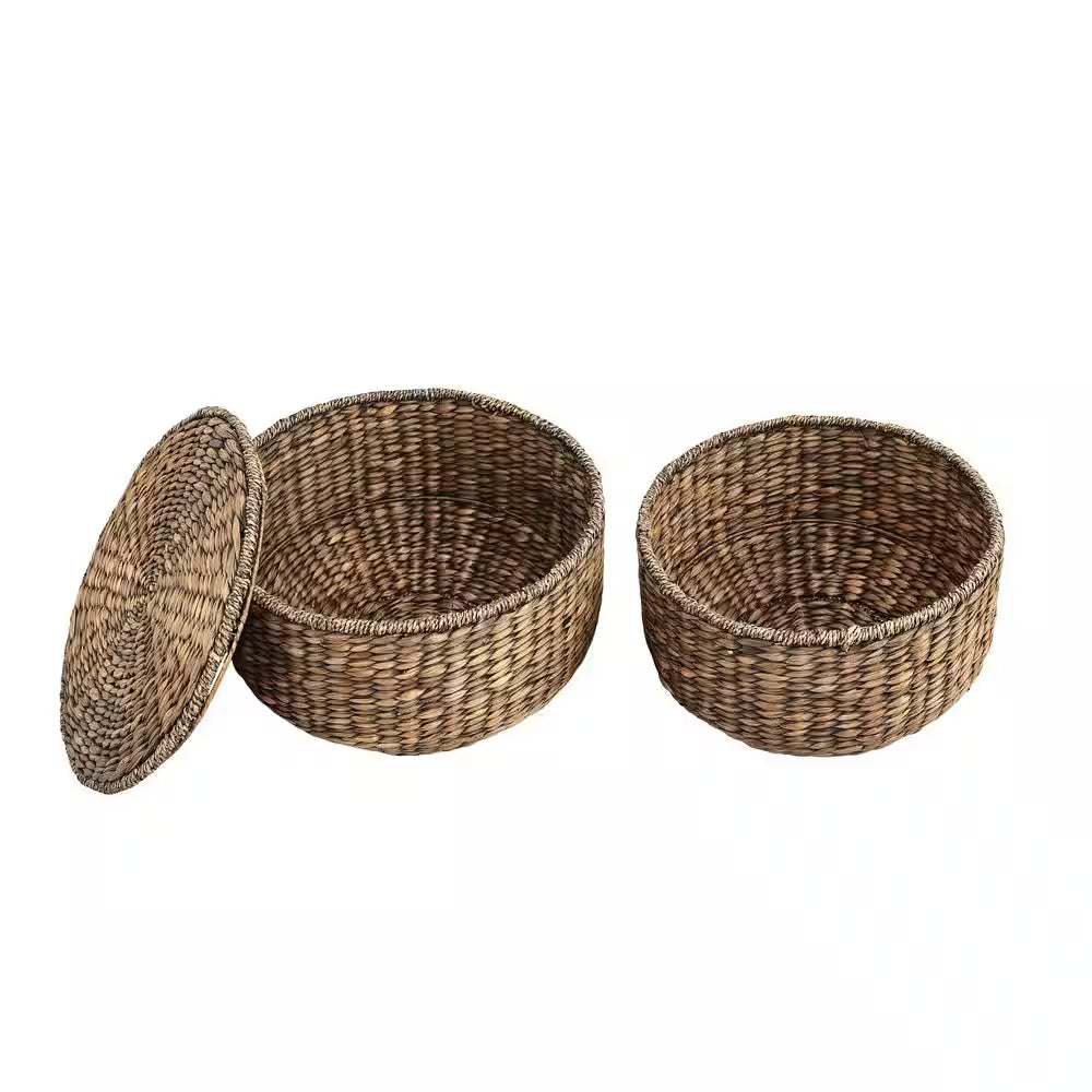 Bhola 18 In. Hourglass Handwoven Hyacinth Storage Accent Table with Lid, Brown Wash
