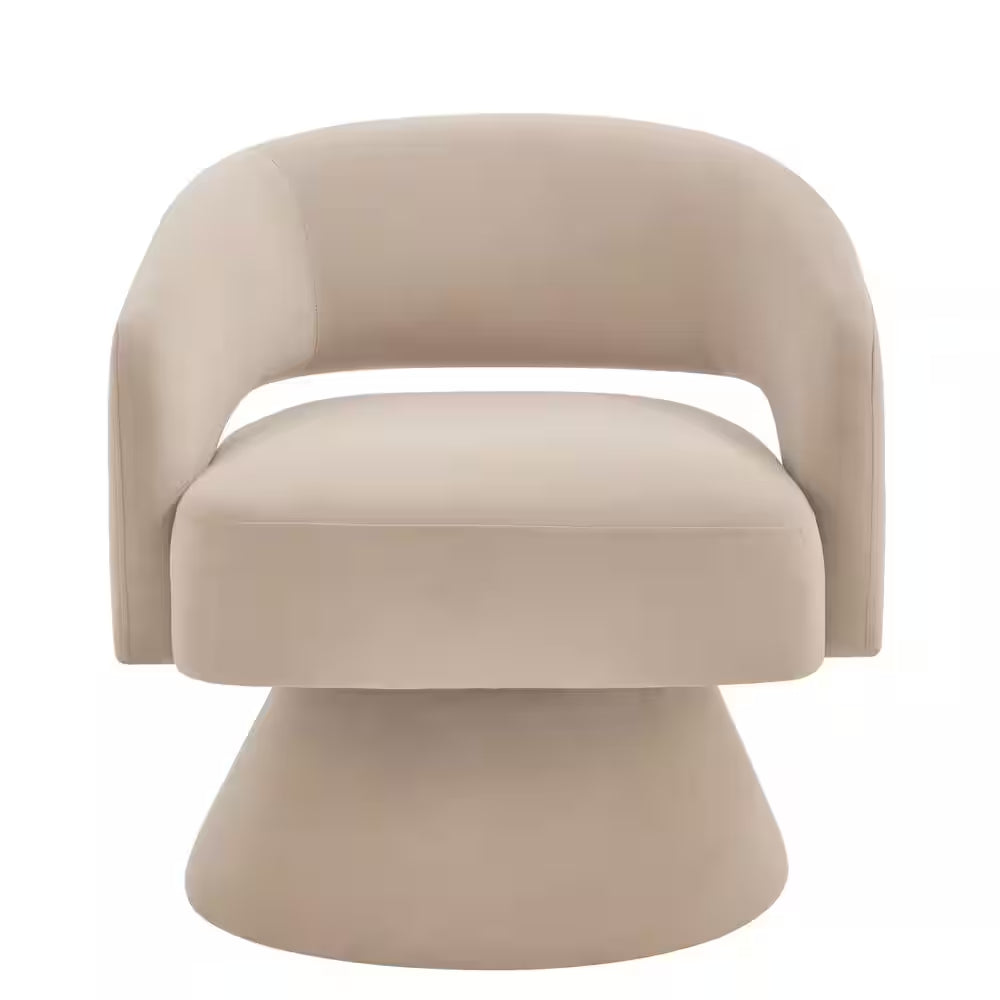 Beige Velvet Modern Swivel Barrel Chair Upholstered Accent Armchair Swivel Chair Lounge Chair with Open Backrest