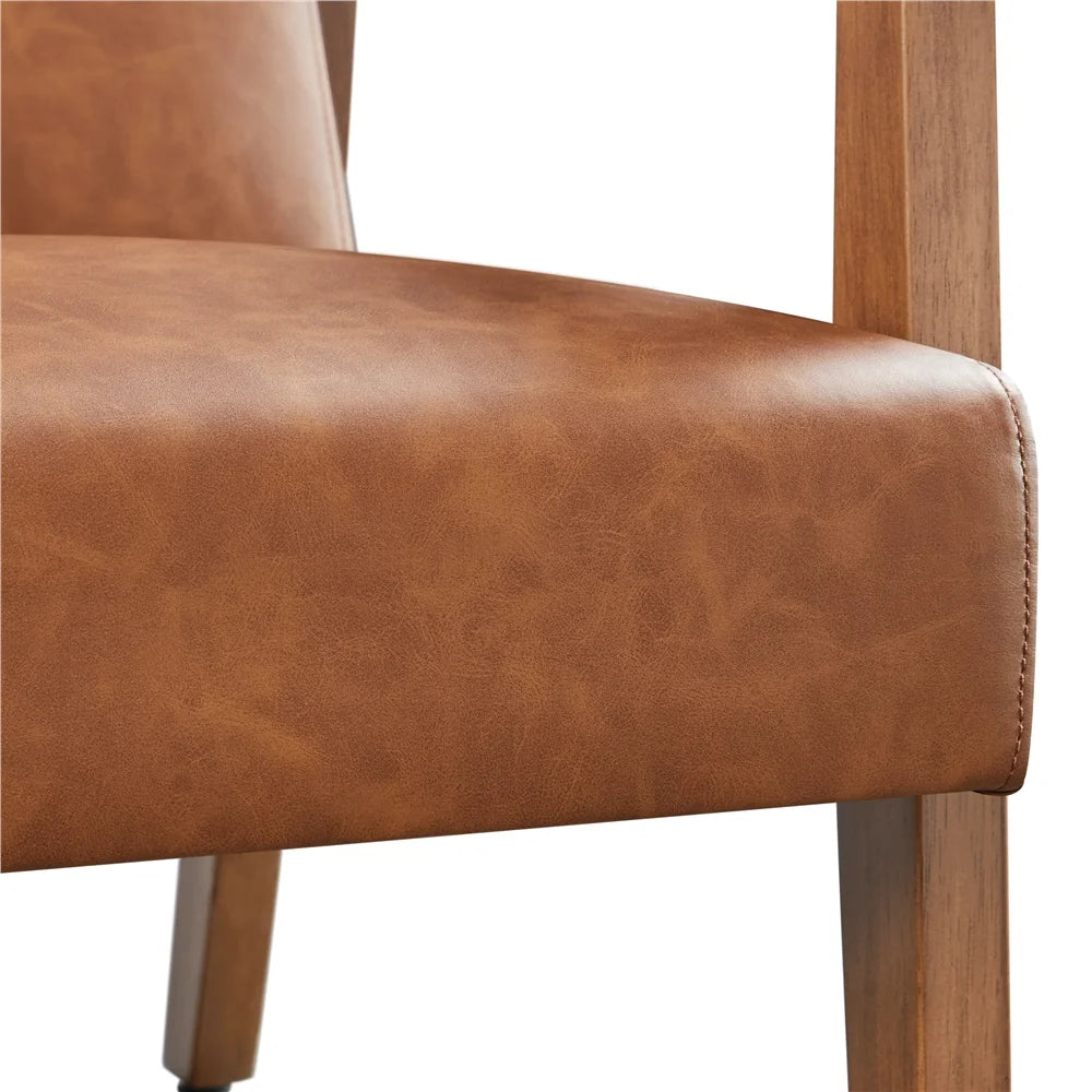2Pcs Mid-Century Upholstered Faux Leather Armchair with Solid Wood Legs, Light Brown