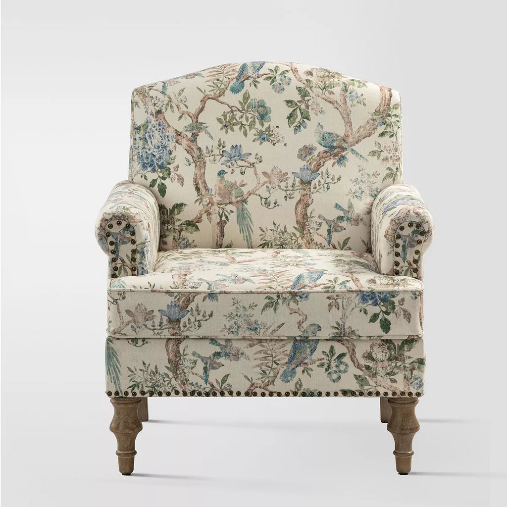 Yahweh Transitional Wooden Upholstered Floral Pattern Design Armchair with Panel Arms and Camelback| ART of LIVING DESIGNS