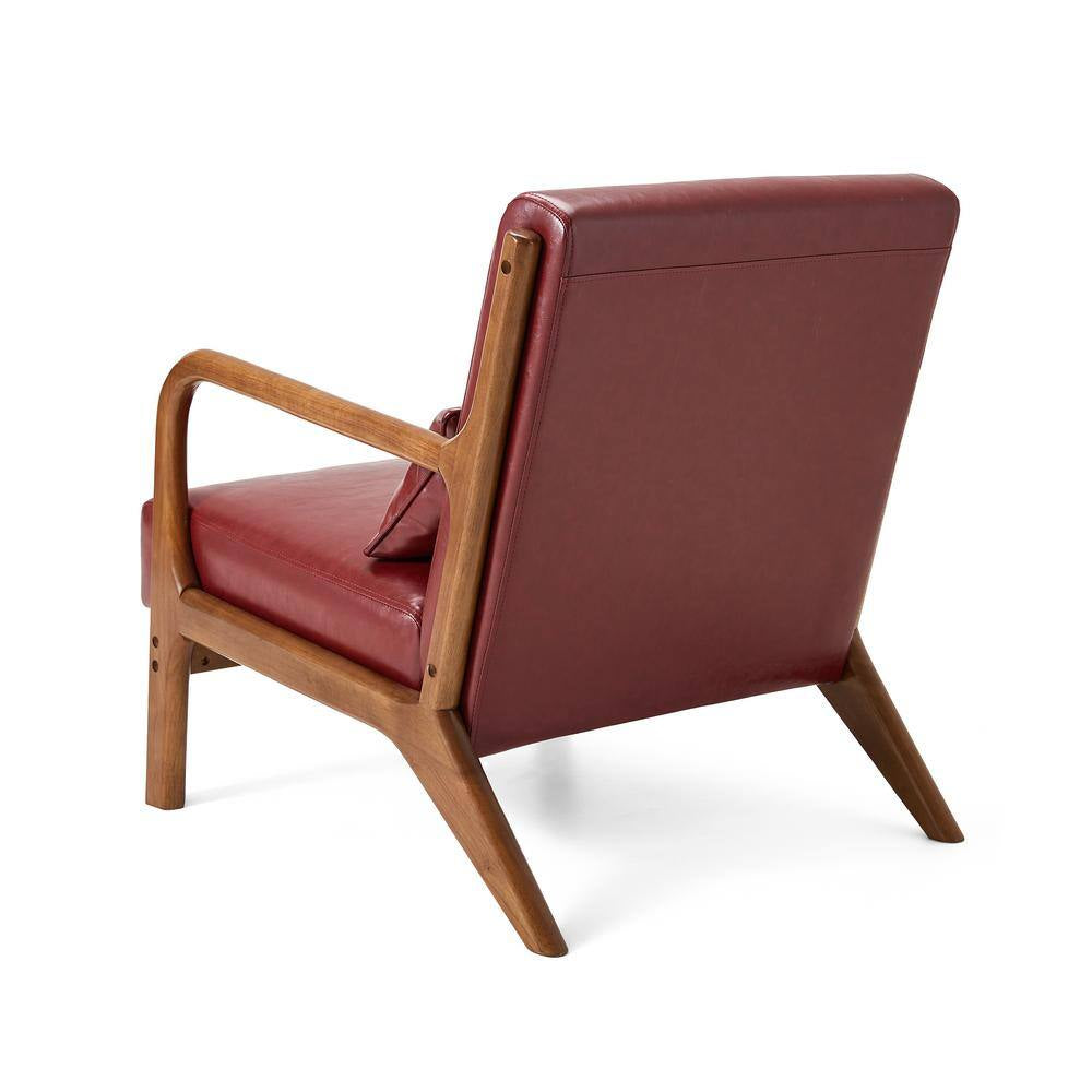 Mid-Century Modern Red Leatherette Accent Armchair with Walnut Ruber Wood Frame (Set of 2)