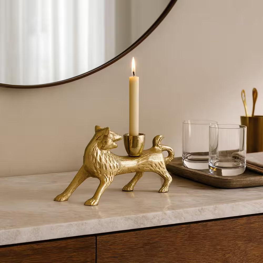 8 In. X 4 In. Gold Metal Novelty Fox Taper Candle Holder