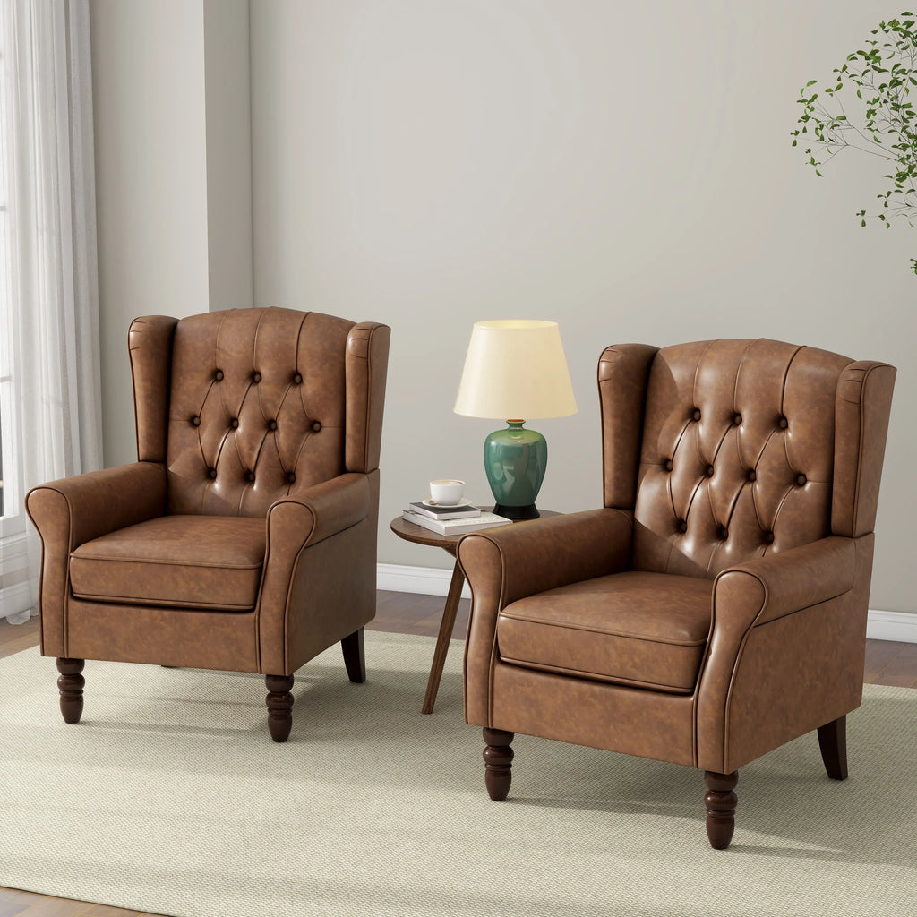 Wingback Accent Chair Set of 2, PU Leather Upholstered Armchair for Living Room Arm Chair, Brown