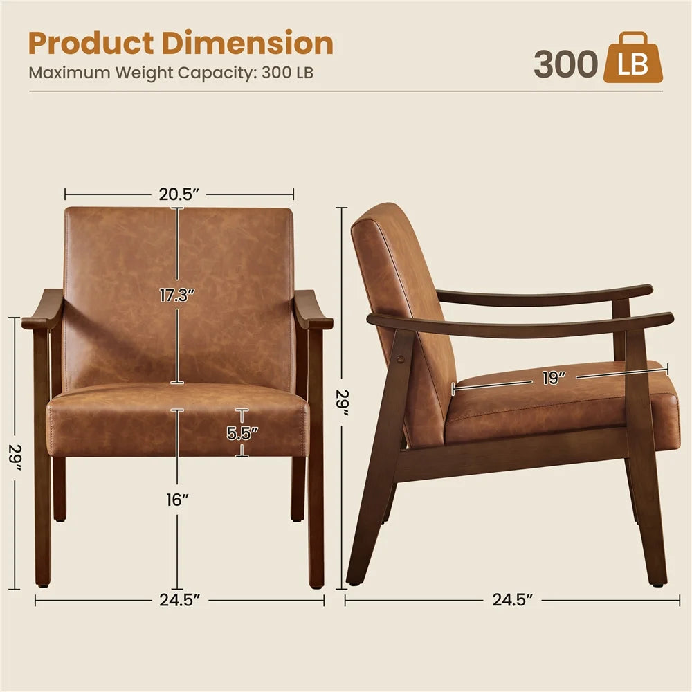 2Pcs Mid-Century Upholstered Faux Leather Armchair with Solid Wood Legs,Brown
