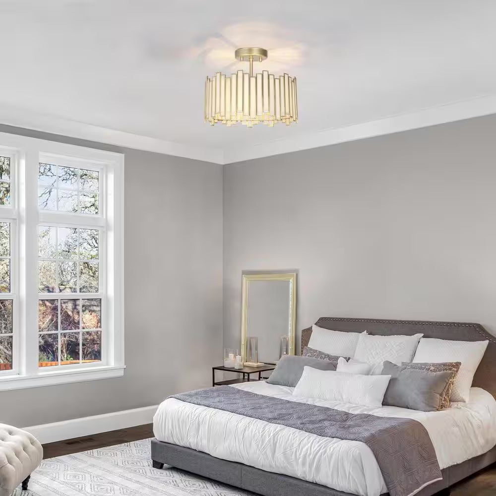 Modern 12.5 In. 3-Light Gold Drum Semi-Flush Mount with White Stained Glass Shade, LED Compatible