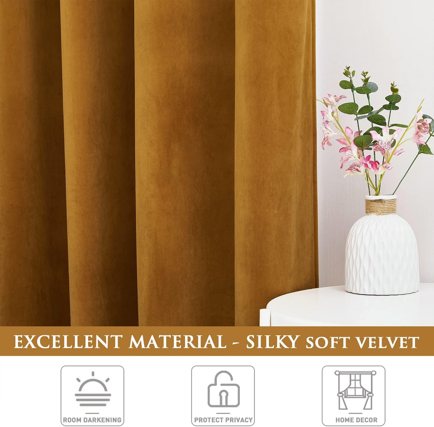 Mustard Gold Velvet Blackout Curtains - 2 Panels for Living Room & Bedroom