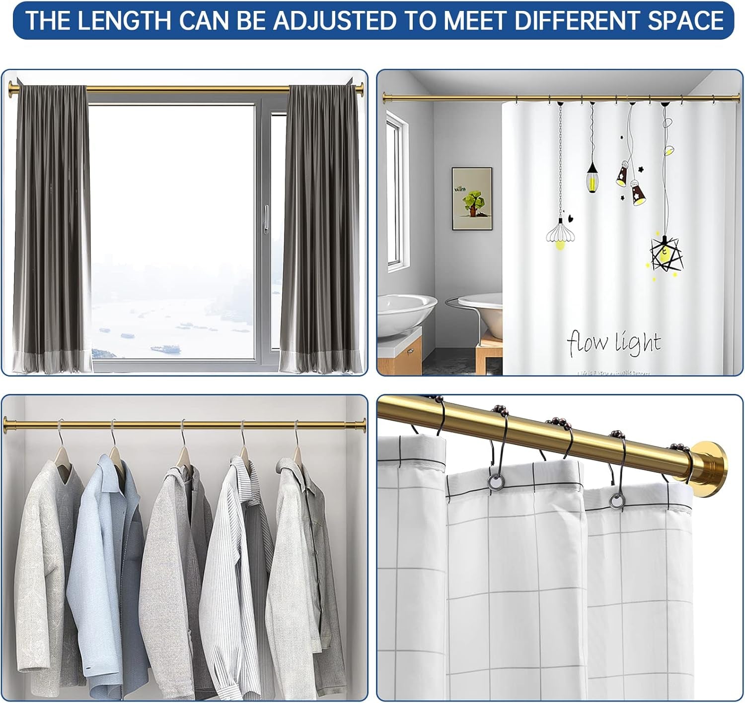 Industrial Shower Curtain Rod - Rustproof Non-Slip 43-72 Inches Tension Curtain Rod for Window or Bathroom, Sunglow Gold