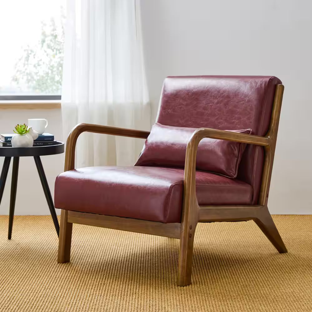Mid-Century Modern Red Leatherette Accent Armchair with Walnut Ruber Wood Frame (Set of 2)