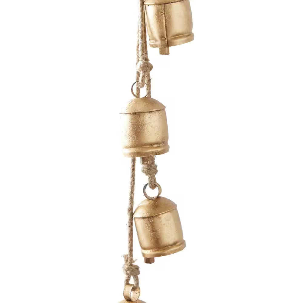 Gold Metal Tibetan Inspired Cylindrical Decorative Bell with Jute Hanging Rope
