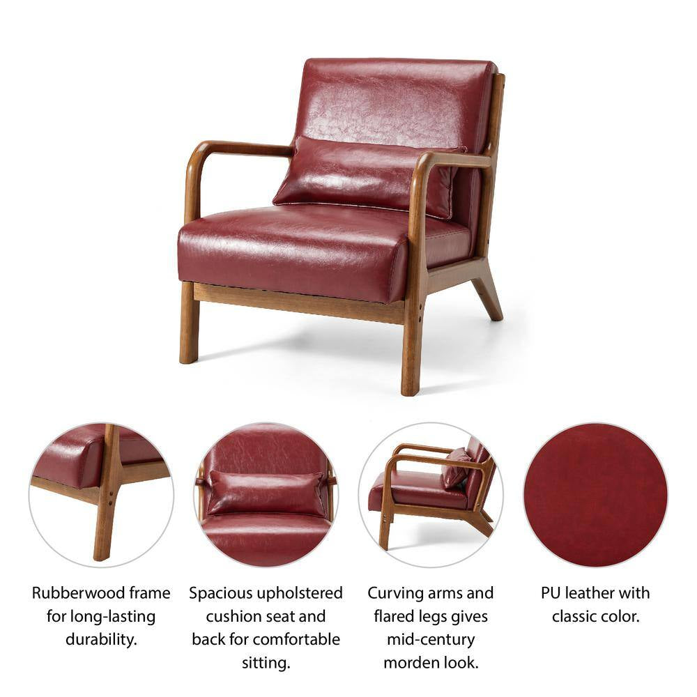 Mid-Century Modern Red Leatherette Accent Armchair with Walnut Ruber Wood Frame (Set of 2)