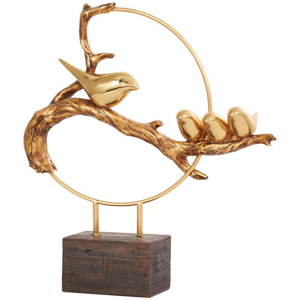 Gold Poly Stone Family on a Branch Bird Sculpture with Brown Block Base