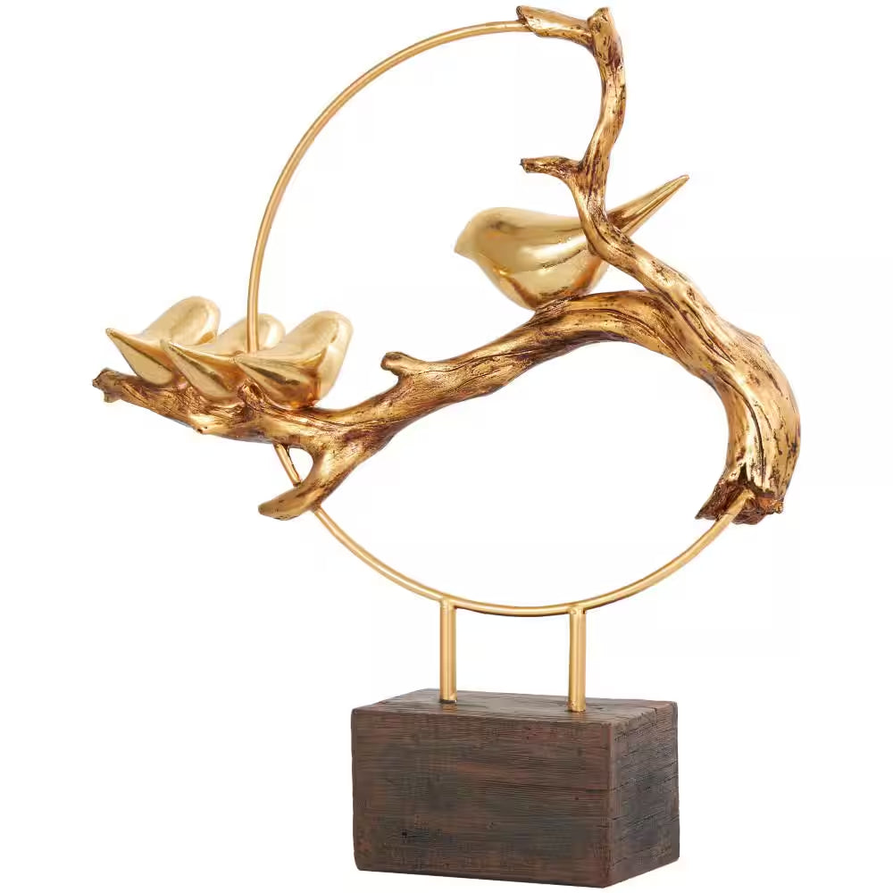 Gold Poly Stone Family on a Branch Bird Sculpture with Brown Block Base