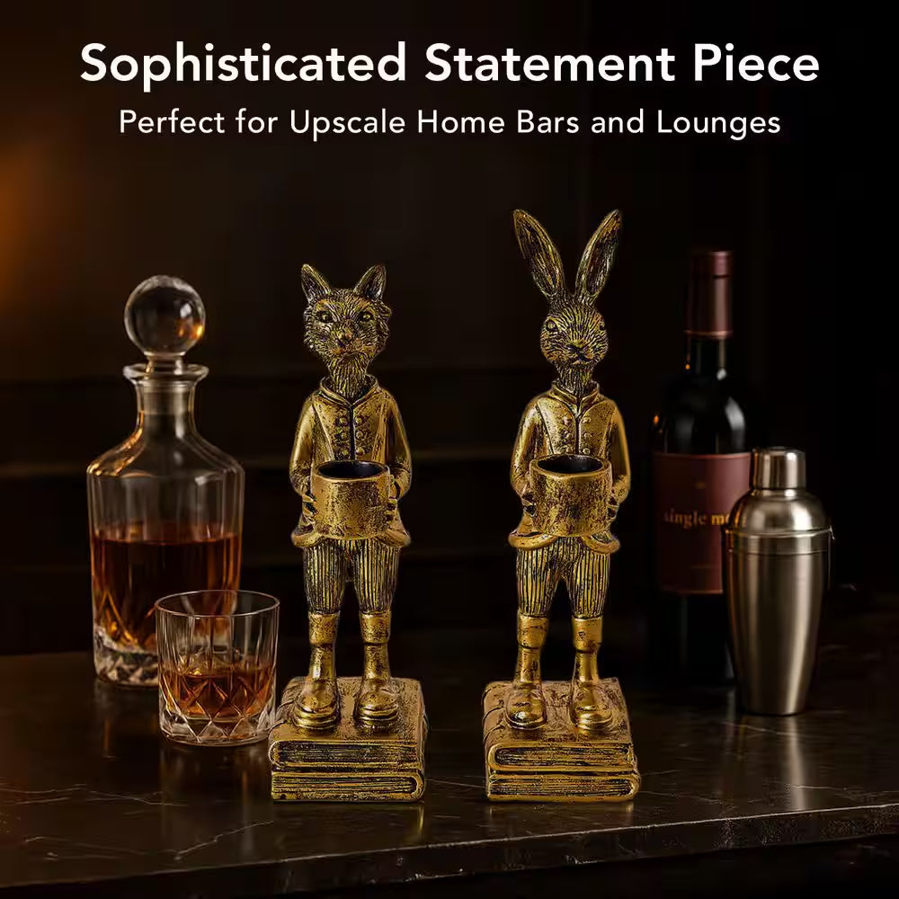 the Fox and Rabbit Gold Resin Tabletop Bar Decor