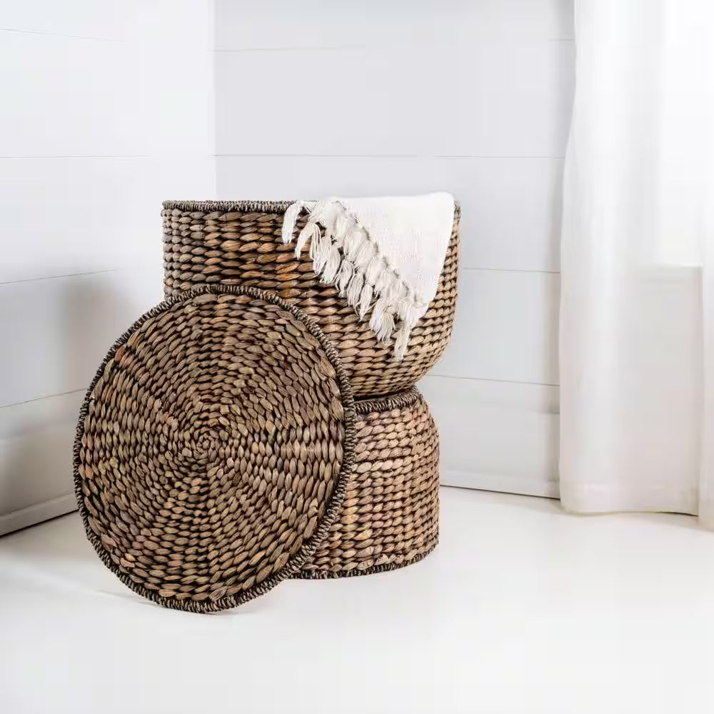 Bhola 18 In. Hourglass Handwoven Hyacinth Storage Accent Table with Lid, Brown Wash
