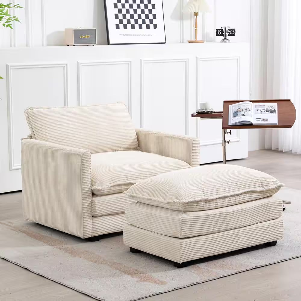 Modern Beige Corduroy Accent Armchair with Ottoman for Living