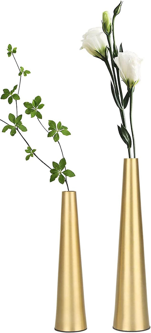 10.5/8.5 Inch Gold Metal Vase Small Dried Flower Vase Set of 2 Taper Vase for Wedding Table Centerpiece Decorations, Home Decor (Gold)