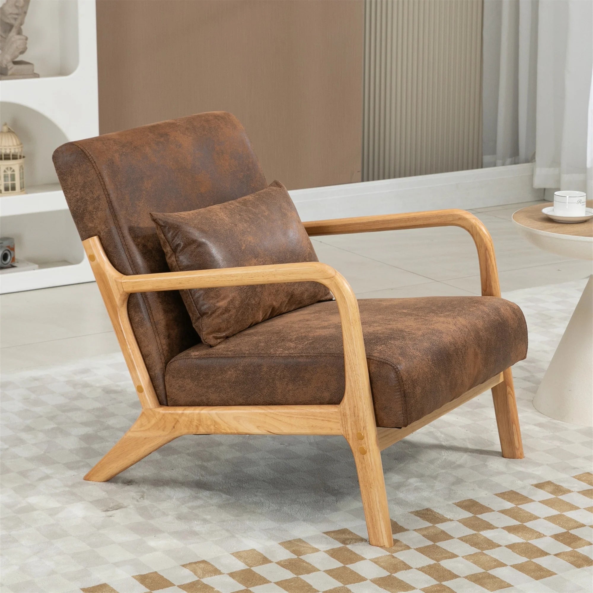 Mid Century Modern Accent Chair W/ Lumbar Pillow for Living Room, Wood Frame, Leather, Brown