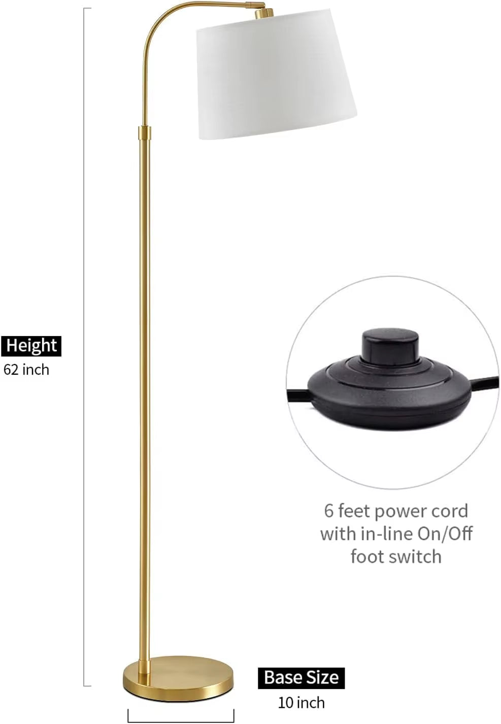 62' Gold Floor Lamp, Industrial Arc Standing Light, Antique Brass Shade for Living Room, Bedroom, Office