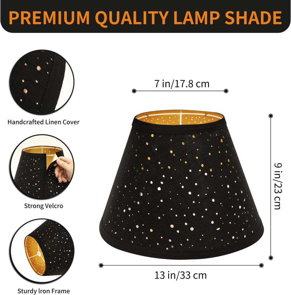 Black Lamp Shades Set of 2, Barrel Lampshade with Sky Stars Design, 7X13X9 Inch Lamphades for Table Floor Lamp, Easy Assembly Required Fabric Lamp Cover, Lamp Shade Harp Holder Included