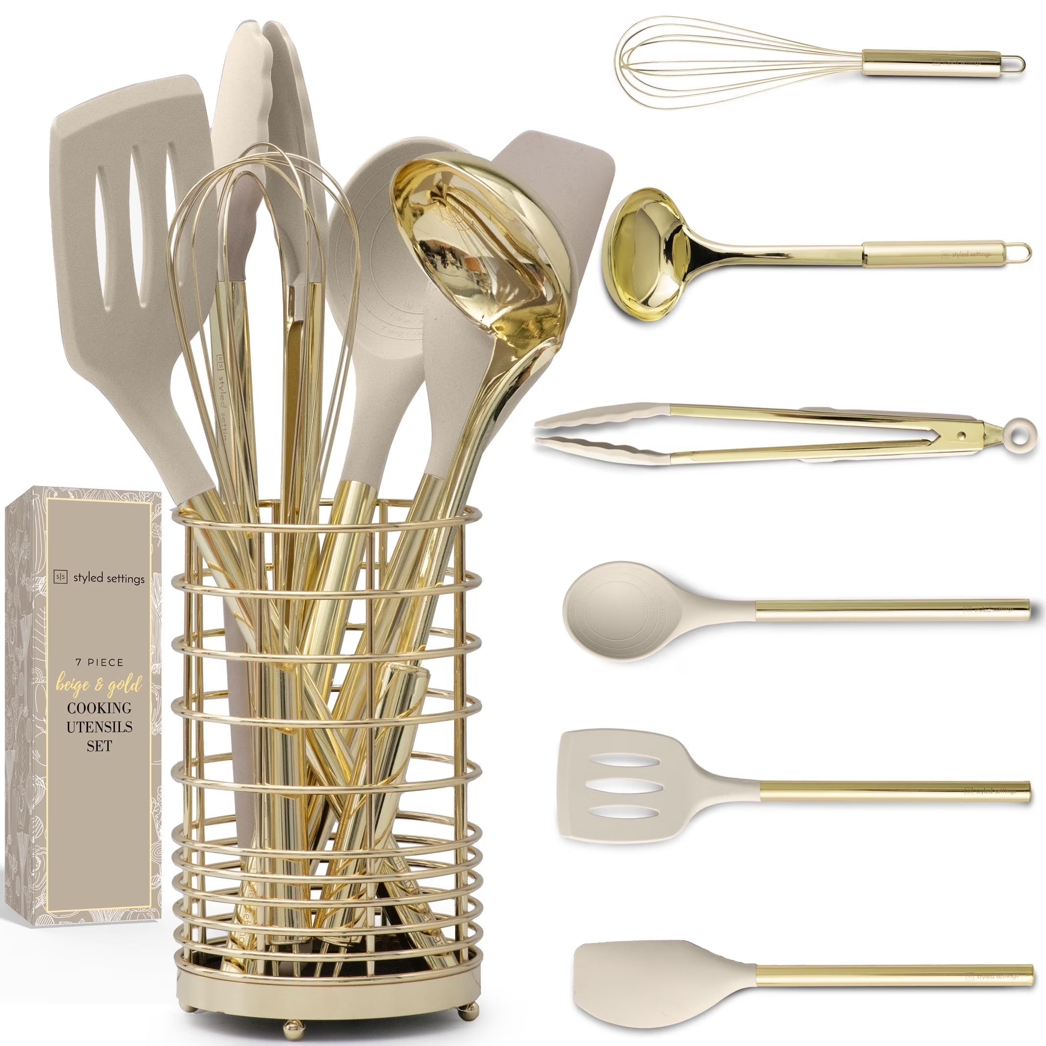 7-Piece Beige & Gold Kitchen Utensils Set – Non-Toxic Silicone & Stainless Steel Tools for Cooking, Serving, & Hosting